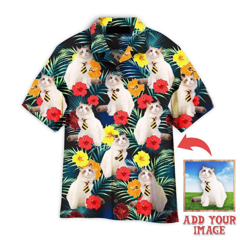 Cat Hawaiian Shirt Custom Photo, Funny White Cat Sitting Beside Tropical Floral Personalized Hawaiian Shirt - Gift For Cat Lovers, Family, Friends