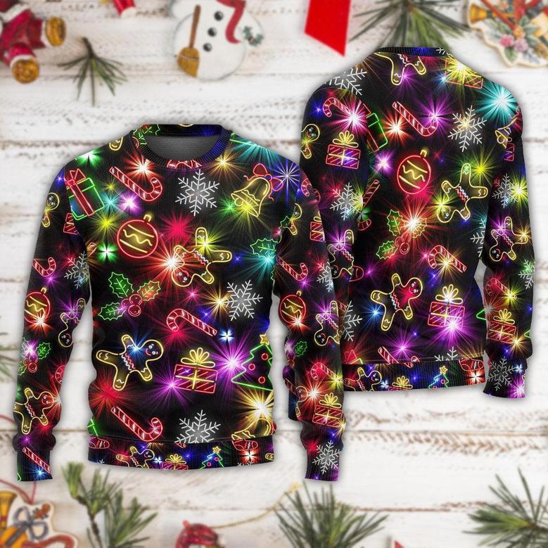 Christmas With Tree And Gift Cookies Gingerbread Man Neon Ugly Sweaters