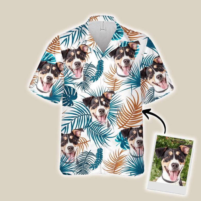 Custom Aloha Hawaiian Shirts With Dog Face - Leaves Pattern White Color Aloha Shirt, Custom Dog Pet Face Aloha Hawaiian Shirts & Tops For Men, Women