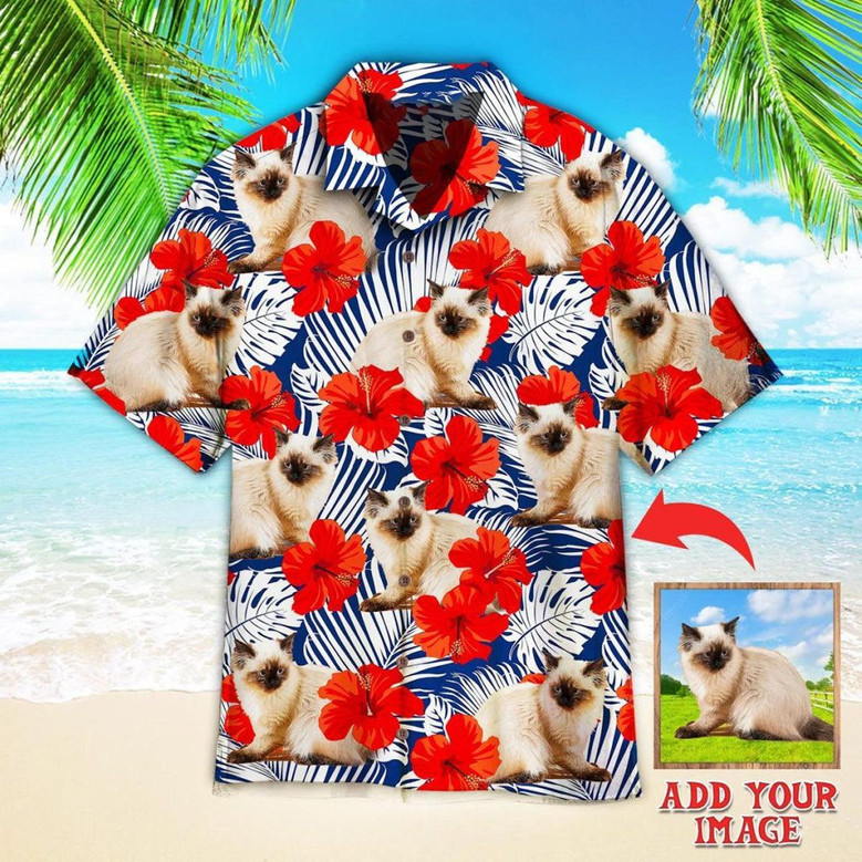Custom Baby Cat With Red Flower Tropical Custom Hawaiian Shirt, Custom Animal Hawaiian Shirt, Personalized Hawaiian Shirts, Custom Photo Hawaiian Shirt