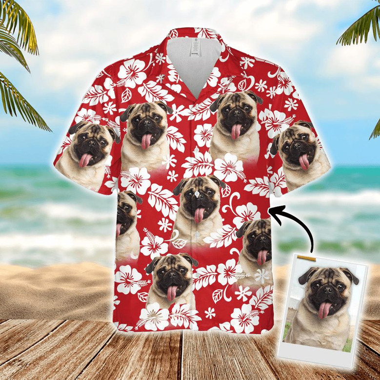 Custom Dog Face Aloha Hawaiian Shirts With Dog Face - Leaves Flowers Pattern Red Color Aloha Shirt - Personalized Hawaiian Shirts & Tops For Men Women
