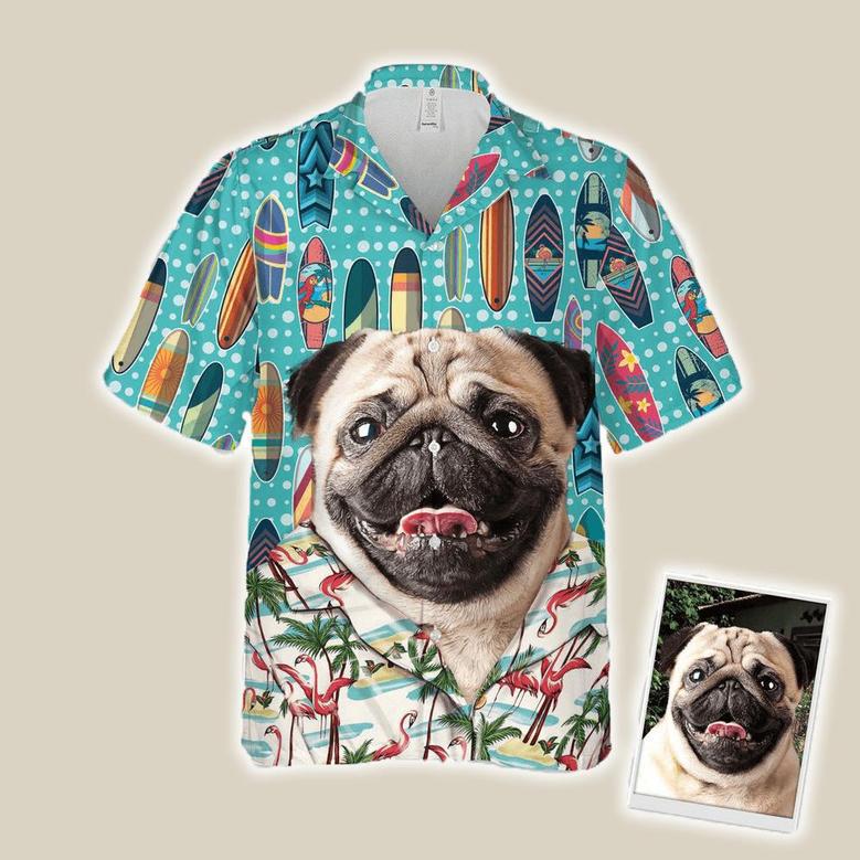 Custom Hawaiian Shirts With Pet Face Dog Cat Face - Surfing Pattern Sky Blue Color Aloha Shirts - Custom Dog Face Hawaiian Shirts & Tops For Men Women