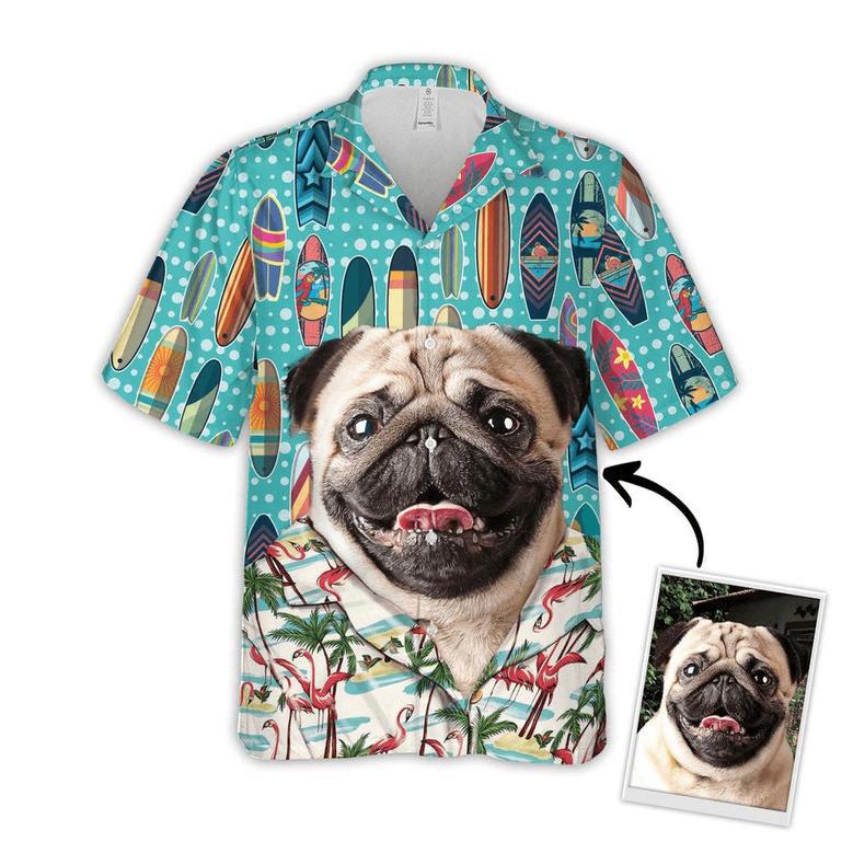 Custom Hawaiian Shirts With Pet Face Dog Cat Face - Surfing Pattern Sky Blue Color Aloha Shirts - Custom Dog Face Hawaiian Shirts & Tops For Men Women