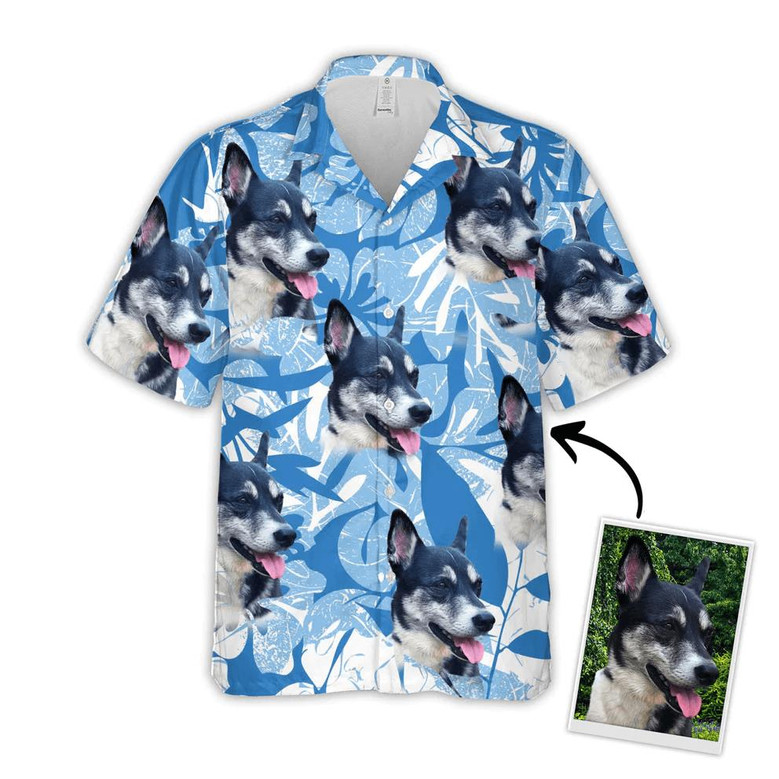 Custom Pet Dog Hawaiian shirt - Custom Photo Pet Leaves & Flowers Pattern Blue Personalized Hawaiian Shirt - Perfect Gift For Animal Lovers, Friend, Family