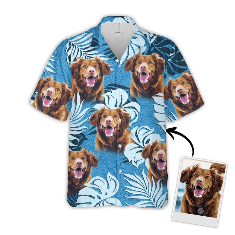 Custom Pet Dog Hawaiian Shirt - Custom Photo Pet Leaves Pattern Sea Blue Personalized Hawaiian Shirt - Perfect Gift For Animal Lovers, Friend, Family
