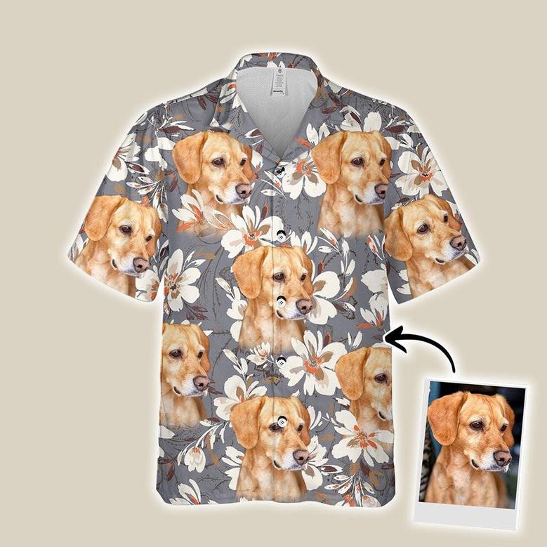 Customized Aloha Hawaiian Shirts With Dog Face Pet Face - Tropical Floral, Watercolor Flower Gray Color Aloha Hawaiian Shirts With Dog Face
