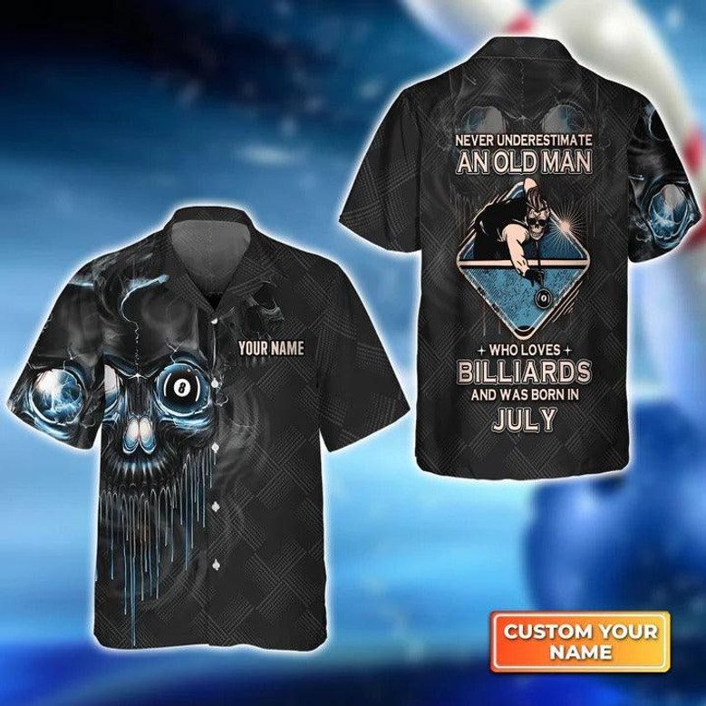 Customized Billiard Hawaiian Shirts, Pool 8 Ball Never Underestimate An Old Man And Was Born In July Personalized Aloha Shirt - Gift For Billiard Lovers