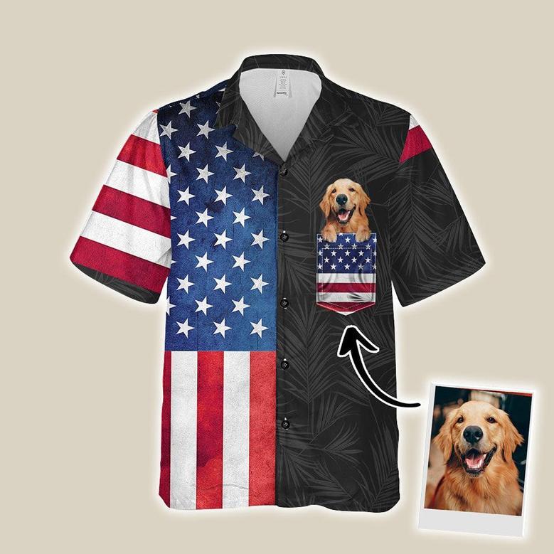 Customized Hawaiian Shirt With Pet Face - American Tropical Summer Background Red & Blue Color Aloha Shirt With Pocket - Gift For Pet Lovers