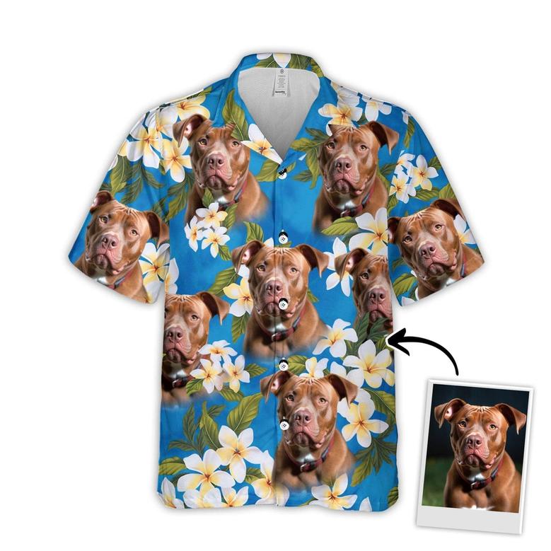 Customized Hawaiian Shirt With Pet Face - Pet Face Hawaiian Shirt, White Plumeria Bouquet On Turquoise Sea Blue Color Aloha Shirt - Gift For Pet Lovers