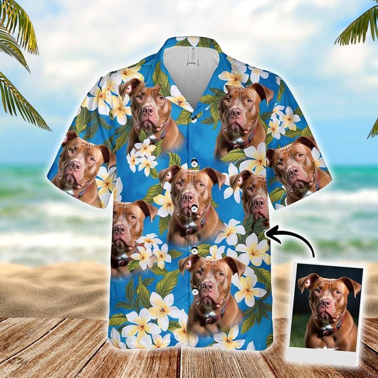 Customized Hawaiian Shirt With Pet Face - Pet Face Hawaiian Shirt, White Plumeria Bouquet On Turquoise Sea Blue Color Aloha Shirt - Gift For Pet Lovers