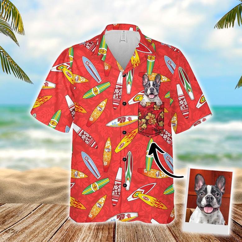 Customized Hawaiian Shirt With Pet Face - Surfboard Hibiscus Pattern Red Color Aloha Shirt With Pocket - Personalized Gift For Pet Lovers