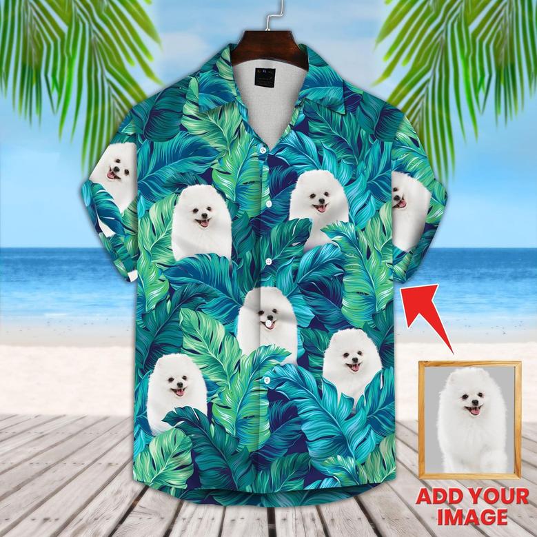 Customized Hawaiian Shirt With Pet Face - Turquoise And Blue Tropical Leaves Pattern Aloha Shirt, Pet Face Shirt - Personalized Gift For Pet Lovers
