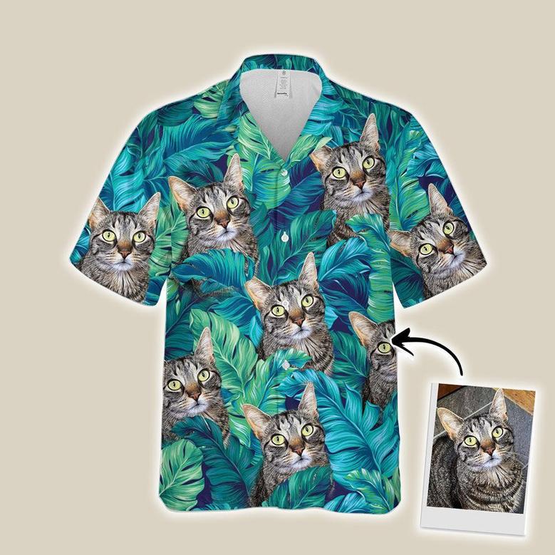 Customized Hawaiian Shirt With Pet Face - Turquoise And Blue Tropical Leaves Pattern Aloha Shirt, Pet Face Shirt - Personalized Gift For Pet Lovers
