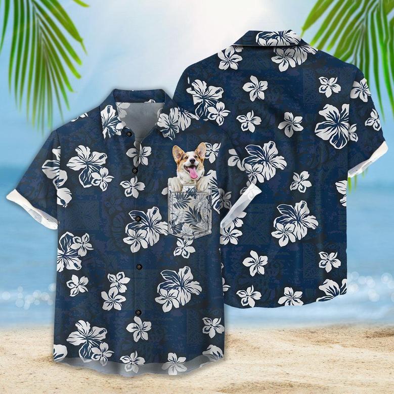 Customized Pet Face Hawaiian Shirt With Pet Face On Pocket - Custom Face Lovely Dog Hawaiian Shirts, Hibiscus Flowers Pattern Navy Color Aloha Shirts