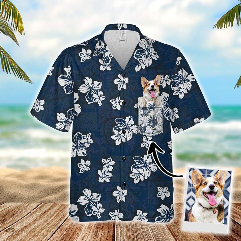 Customized Pet Face Hawaiian Shirt With Pet Face On Pocket - Custom Face Lovely Dog Hawaiian Shirts, Hibiscus Flowers Pattern Navy Color Aloha Shirts