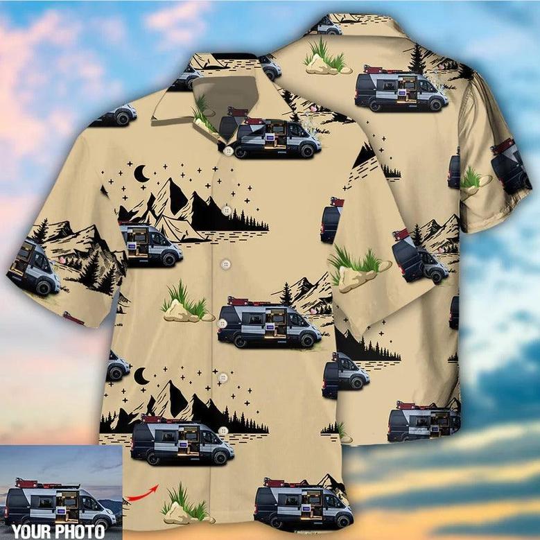 Customized Photo Camping Hawaiian Shirt, Personalized Camping Van Outdoor Life Moon Night Aloha Shirt For Men - Perfect Gift For Camping Lovers