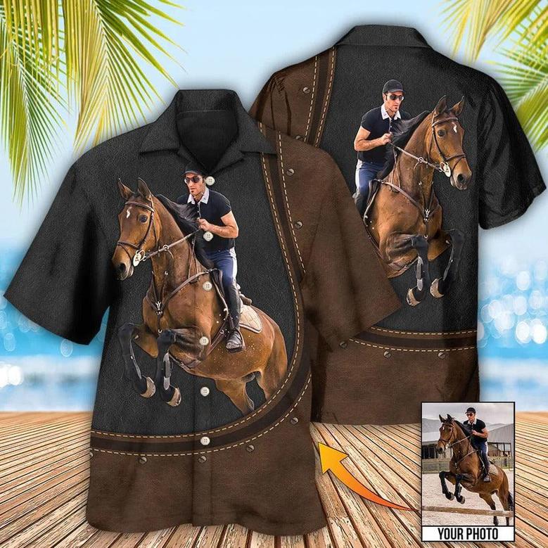 Customized Photo Horse Hawaiian Shirts For Summer - Horse Riding Leather Style Custom Photo Hawaiian Shirt - Perfect Gift For Men, Horse Racing Lovers