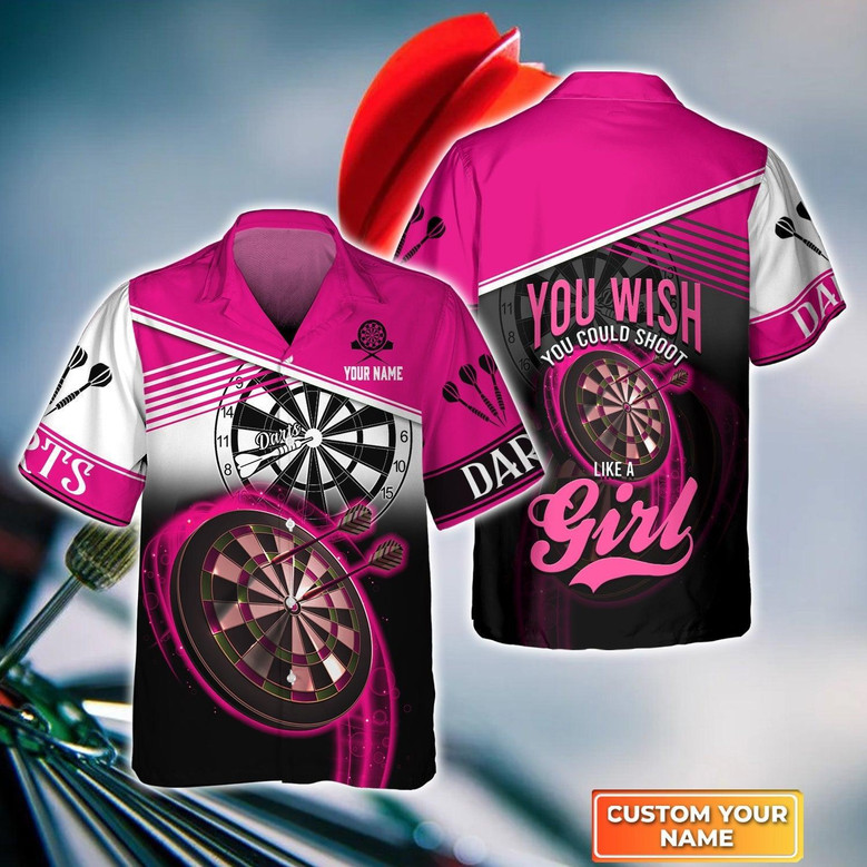 Darts Custom Name Aloha Hawaiian Shirt For Summer, Pink Dart Board Personalized Hawaiian Shirt For Team Players, You Wish You Could Shoot Like A Girl