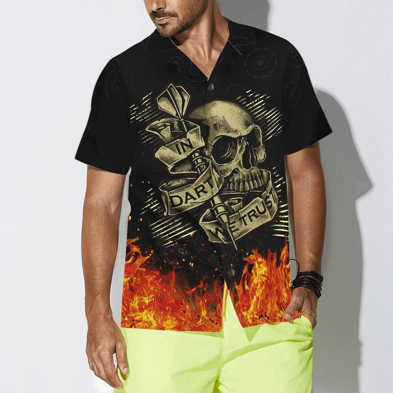 Darts Hawaiian Shirt Flame Skull, In Dart We Trust Play Hard, Colorful Summer Aloha Shirt For Men Women, Perfect Gift For Friend, Family, Husband