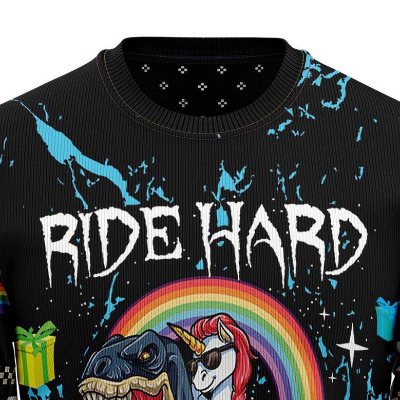 Dinosaur Unicorn Ride Hard Ugly Christmas Sweater