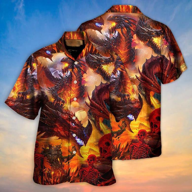 Dragon Aloha Hawaiian Shirt For Summer, Dragon Red Skull Skeleton Fire Art Style Hawaiian Shirts Outfit For Men Women, Dragon Lovers