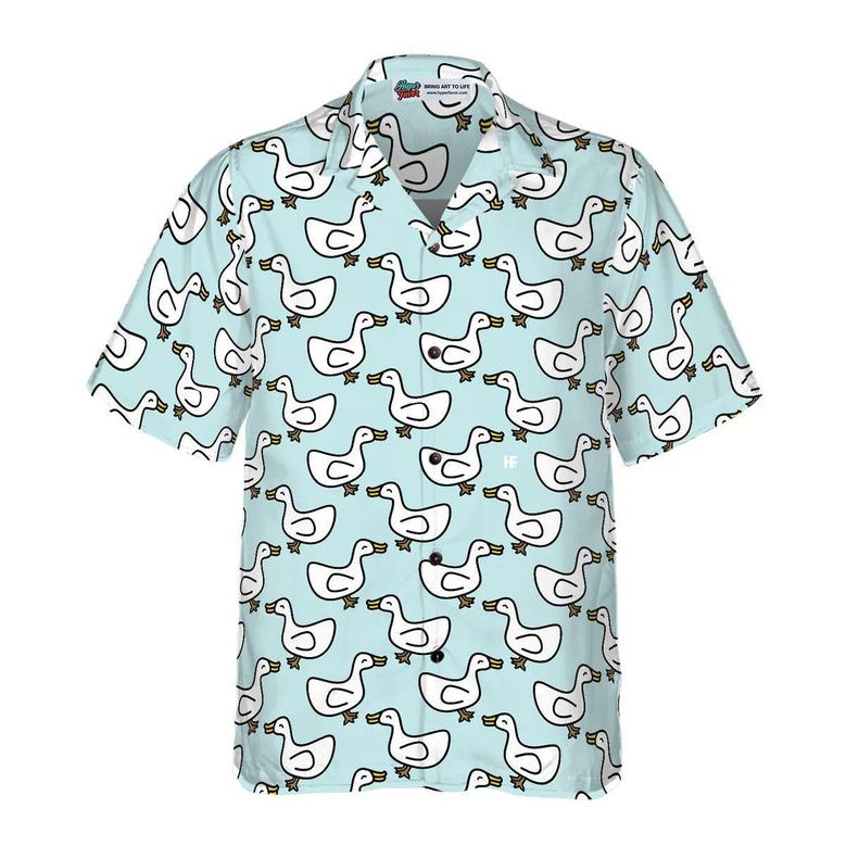 Duck Hawaiian Shirt, White Duck Cartoon In Blue Aloha Shirt For Men Women - Perfect Gift For Duck Lovers, Husband, Boyfriend, Friend, Family