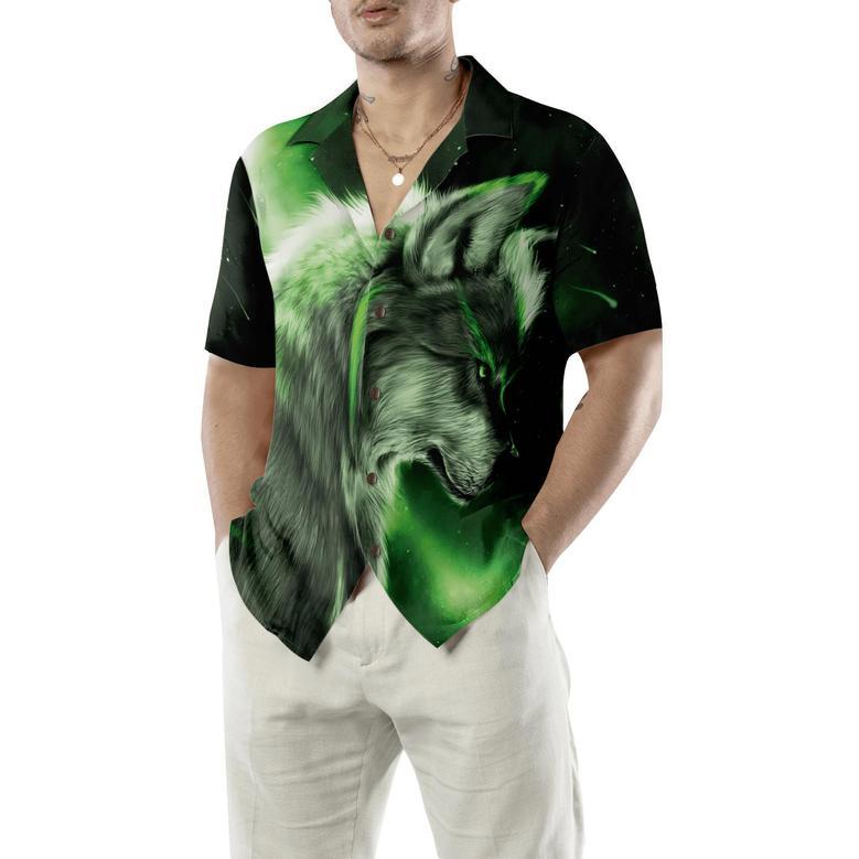 Fantasy Green Wolf Hawaiian Shirt - Wolf And Sky Night , Perfect Gift For Wolf Lovers, Husband, Boyfriend, Friend, Family