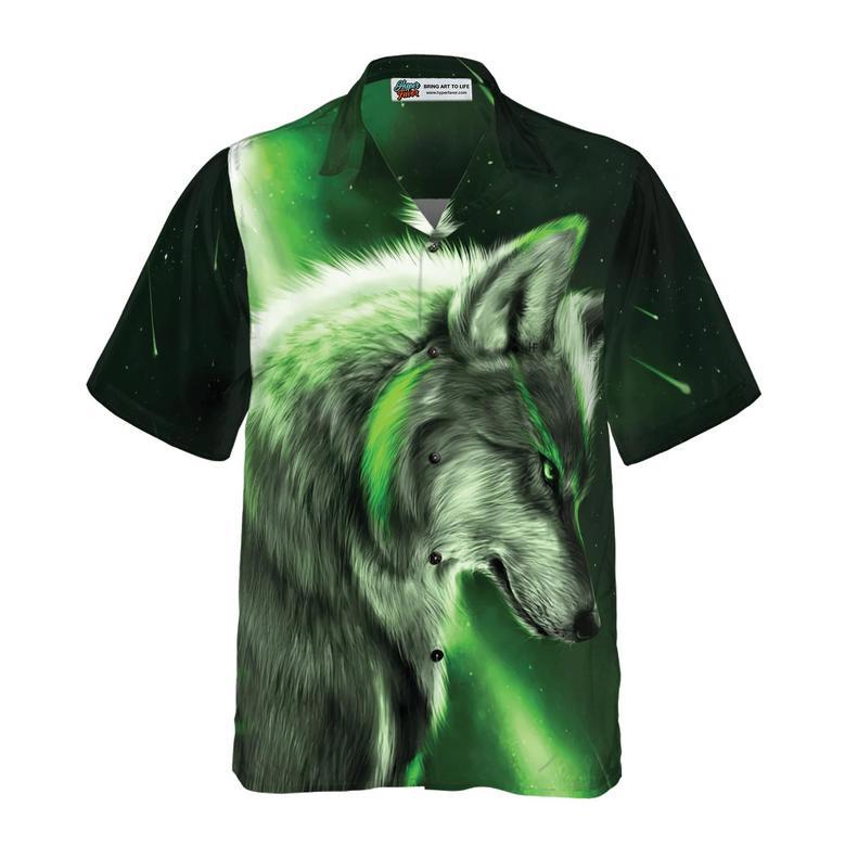 Fantasy Green Wolf Hawaiian Shirt - Wolf And Sky Night , Perfect Gift For Wolf Lovers, Husband, Boyfriend, Friend, Family