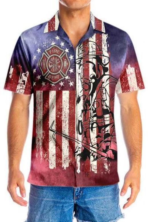 Firefighter Hawaiian Shirt, American Flag, Fire Department Logo Aloha Shirt For Men - Perfect Gift For Firefighter, Husband, Boyfriend, Friend, Family