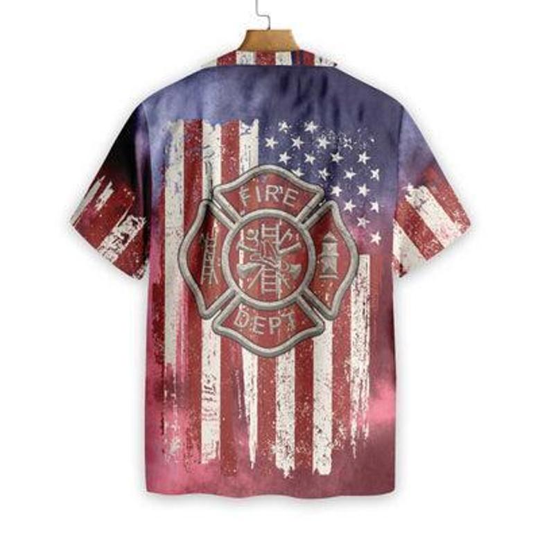 Firefighter Hawaiian Shirt, American Flag, Fire Department Logo Aloha Shirt For Men - Perfect Gift For Firefighter, Husband, Boyfriend, Friend, Family