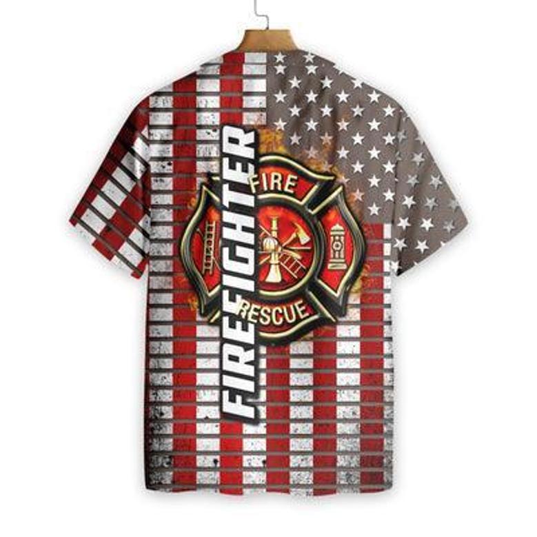 Firefighter Hawaiian Shirt, Firefighter Logo And Red American Flag Aloha Shirt For Men - Gift For Firefighter, Husband, Boyfriend, Family, Friends