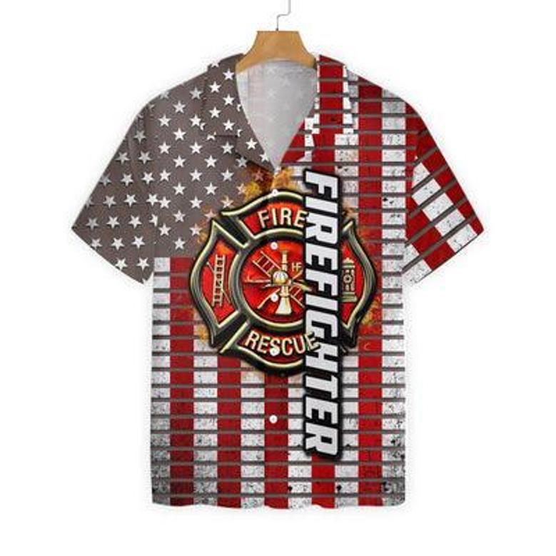 Firefighter Hawaiian Shirt, Firefighter Logo And Red American Flag Aloha Shirt For Men - Gift For Firefighter, Husband, Boyfriend, Family, Friends