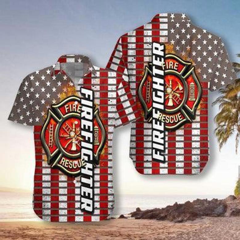 Firefighter Hawaiian Shirt, Firefighter Logo And Red American Flag Aloha Shirt For Men - Gift For Firefighter, Husband, Boyfriend, Family, Friends