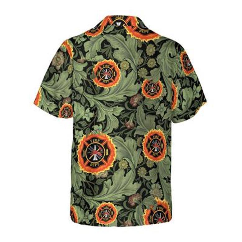 Firefighter Hawaiian Shirt, Floral And Leaves Fire Dept Logo Firefighter Aloha Shirt For Men - Gift For Firefighter, Husband, Boyfriend, Family, Friends