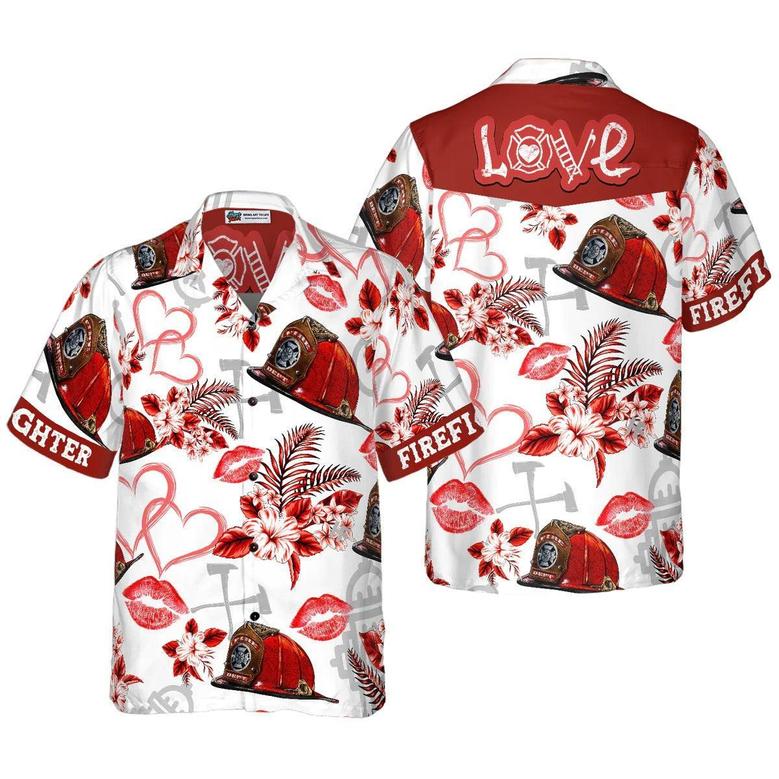Firefighter Hawaiian Shirt, Love Firefighter Helmet Valentine Aloha Shirt, Pink Heart Red Floral Firefighter Hawaiian Shirt - Gift For Lover, Friend, Family