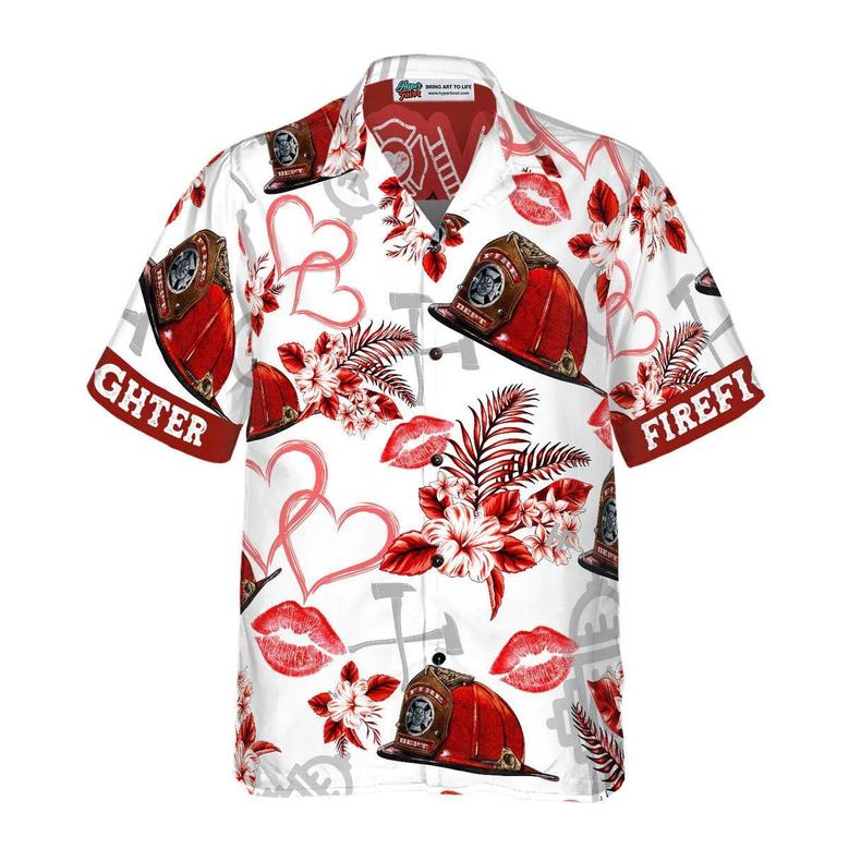 Firefighter Hawaiian Shirt, Love Firefighter Helmet Valentine Aloha Shirt, Pink Heart Red Floral Firefighter Hawaiian Shirt - Gift For Lover, Friend, Family