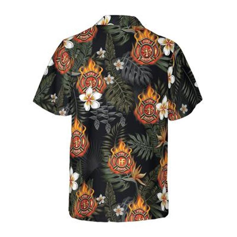 Firefighter Hawaiian Shirt, Tropical Leaves Firefighter Logo On Flame Aloha Shirt For Men - Gift For Firefighter, Husband, Boyfriend, Family, Friends