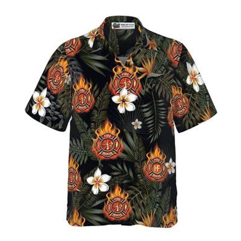 Firefighter Hawaiian Shirt, Tropical Leaves Firefighter Logo On Flame Aloha Shirt For Men - Gift For Firefighter, Husband, Boyfriend, Family, Friends