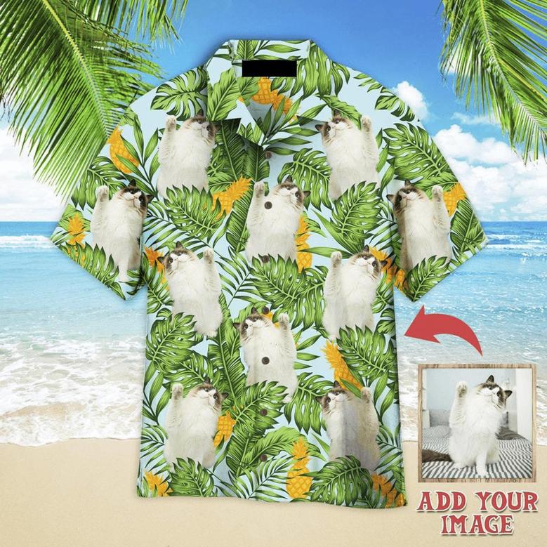 Funny Cat Raising Paw Pineapple Tropical Custom Photo Hawaiian Shirt, Personalized Hawaiian Shirts - Perfect Gift For Cat Lovers, Family, Friends