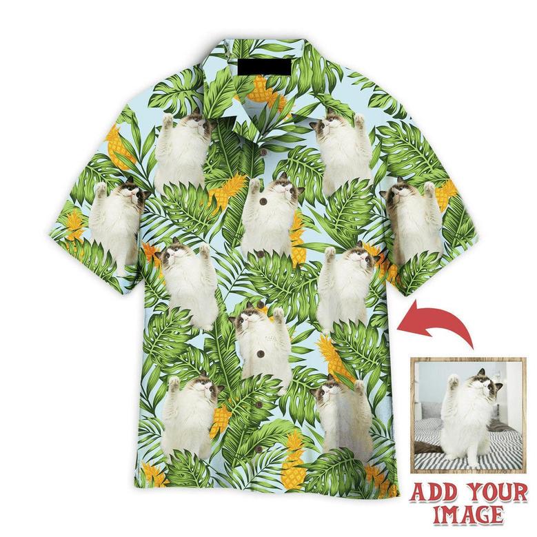 Funny Cat Raising Paw Pineapple Tropical Custom Photo Hawaiian Shirt, Personalized Hawaiian Shirts - Perfect Gift For Cat Lovers, Family, Friends