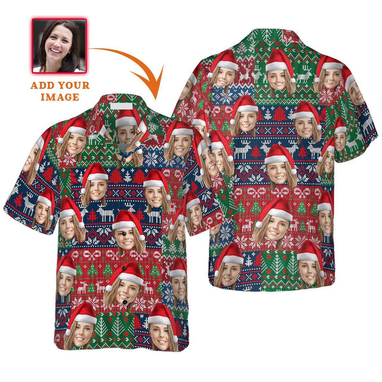 Funny Custom Face Christmas Pattern Hawaiian Shirt, Custom Photo Hawaiian Shirt - Personalized Summer Gifts For Men, Women