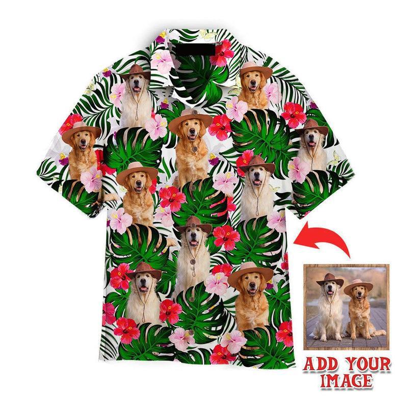 Golden Retriever Hawaiian Shirt Custom Photo, Golden Retriever Dog Sitting Palm Leaves Personalized Hawaiian Shirt - Gift For Dog Lovers, Family, Friends