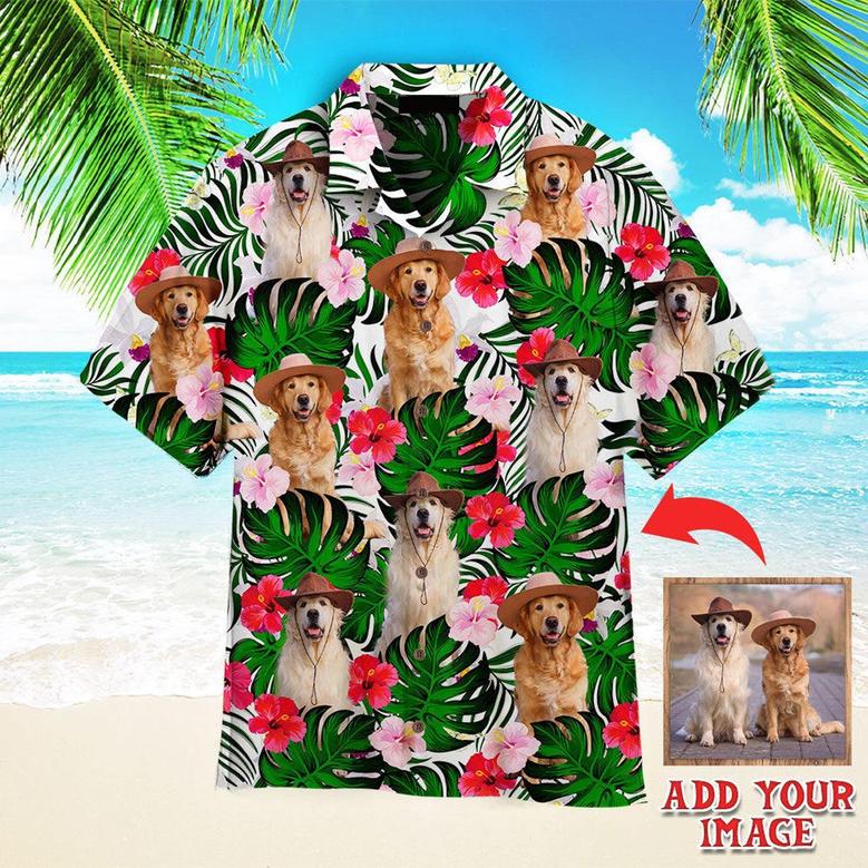Golden Retriever Hawaiian Shirt Custom Photo, Golden Retriever Dog Sitting Palm Leaves Personalized Hawaiian Shirt - Gift For Dog Lovers, Family, Friends