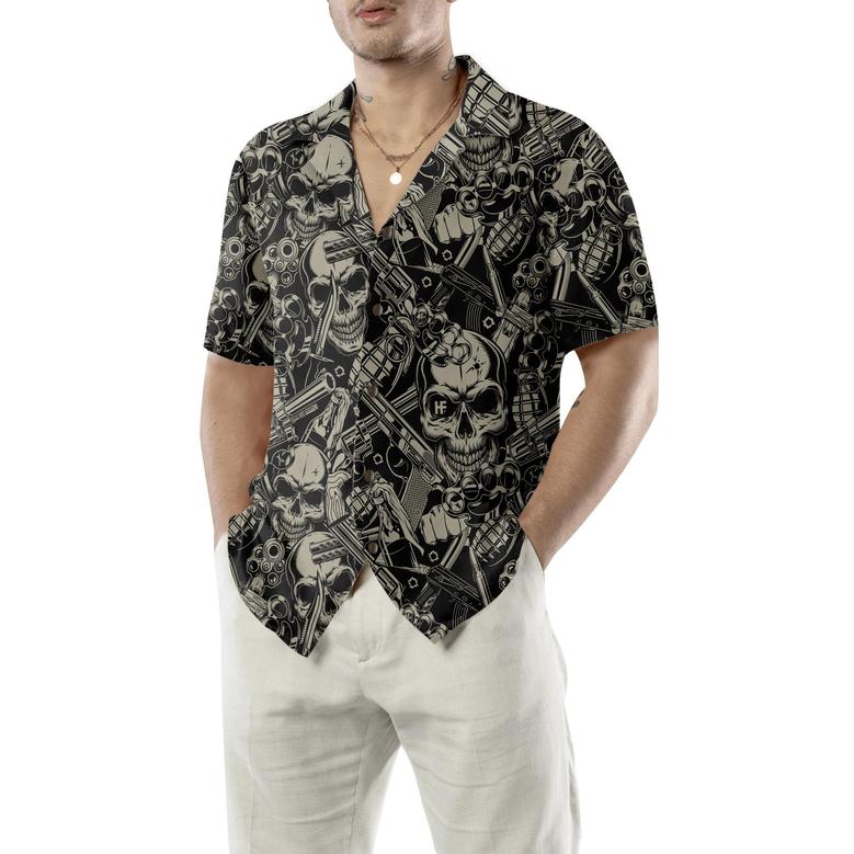 Guns And Skulls Hawaiian Shirt, Colorful Summer Aloha Shirt For Men Women, Perfect Gift For Friend, Family, Husband, Wife, Boyfriend