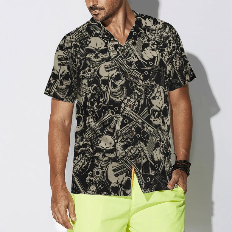 Guns And Skulls Hawaiian Shirt, Colorful Summer Aloha Shirt For Men Women, Perfect Gift For Friend, Family, Husband, Wife, Boyfriend