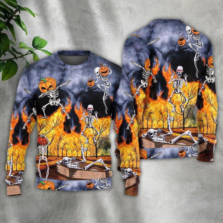 Halloween Skeleton Party Pumpkin Burning Scary Ugly Sweater