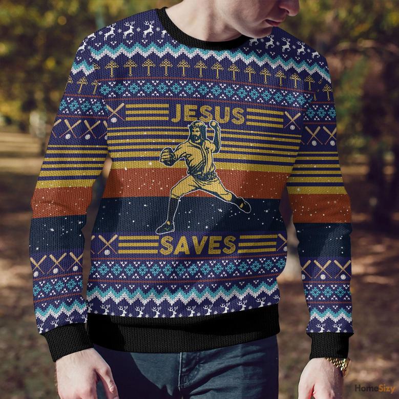 Hobby Baseball Jesus Save Ugly Christmas Sweater