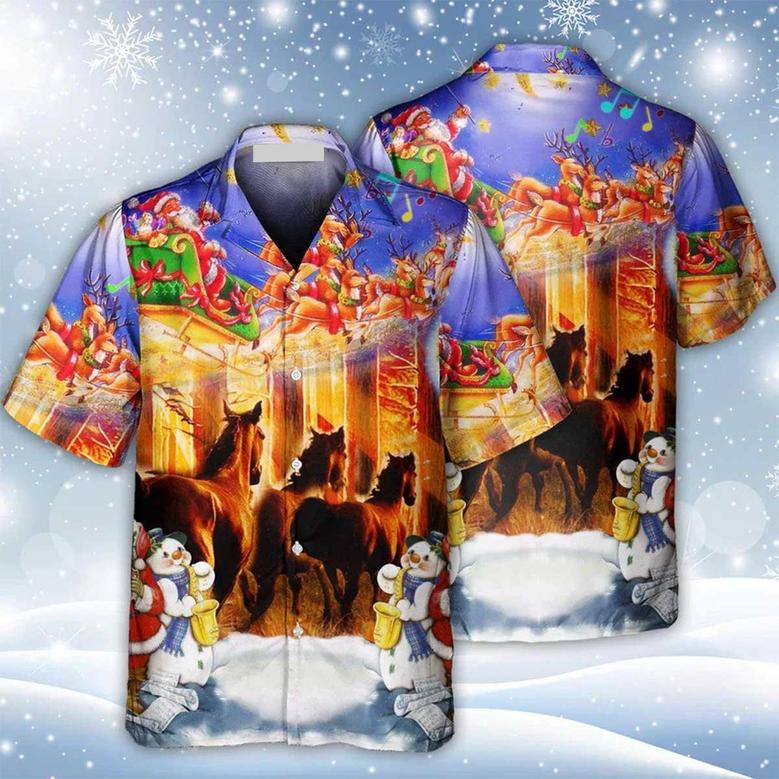 Horse Hawaiian Shirts - Santa Claus Horse Merry Christmas Hawaiian Shirts - Snowman Aloha Shirts - Perfect Gift For Men, Horse Lovers, Christmas