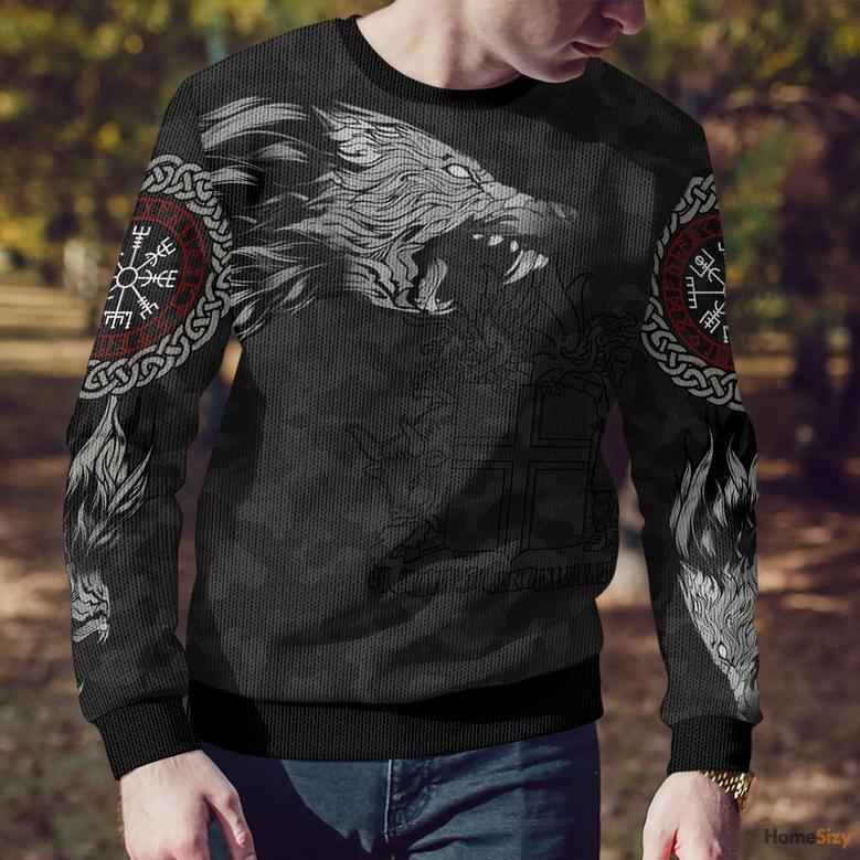 Iceland Fenrir Wolf And Vegvisir Viking Ugly Christmas Sweater