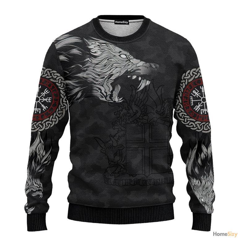 Iceland Fenrir Wolf And Vegvisir Viking Ugly Christmas Sweater